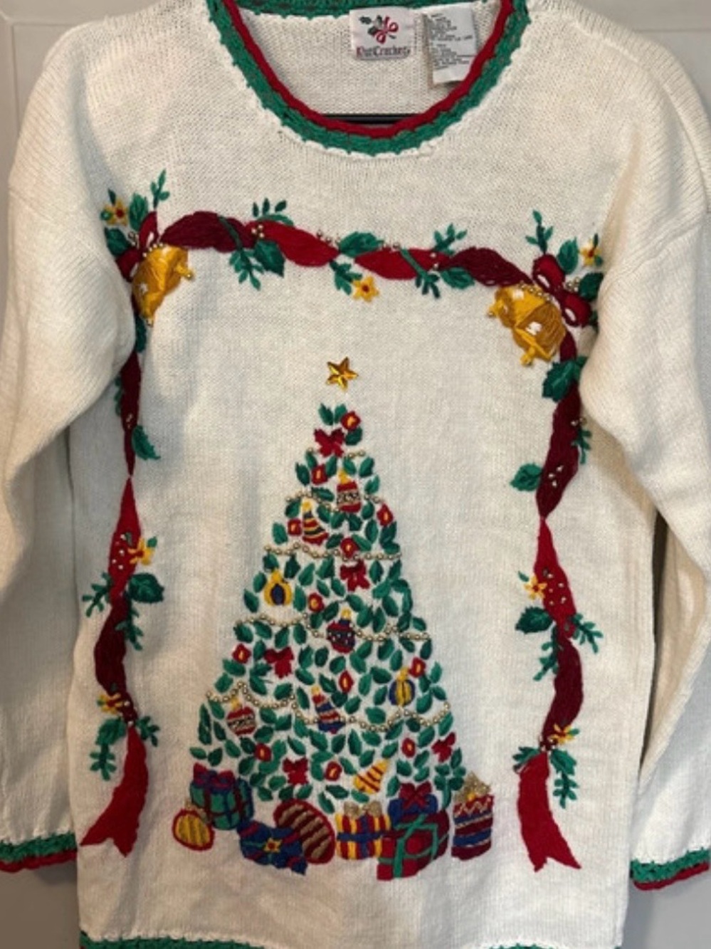 Knitcracker Cream Embroidered Holiday Crewneck Sweater